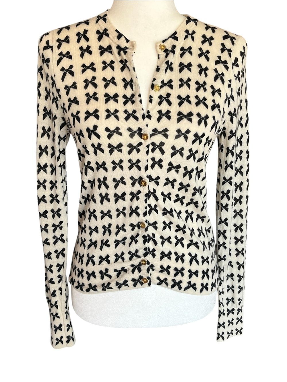 J Crew Jackie Bow Print Cardigan Sweater Merino Wool Cream Womens Small
